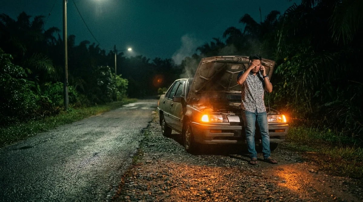 Pemandu Melayu tertekan di tepi kereta rosak berasap di jalan kampung Kelantan waktu malam