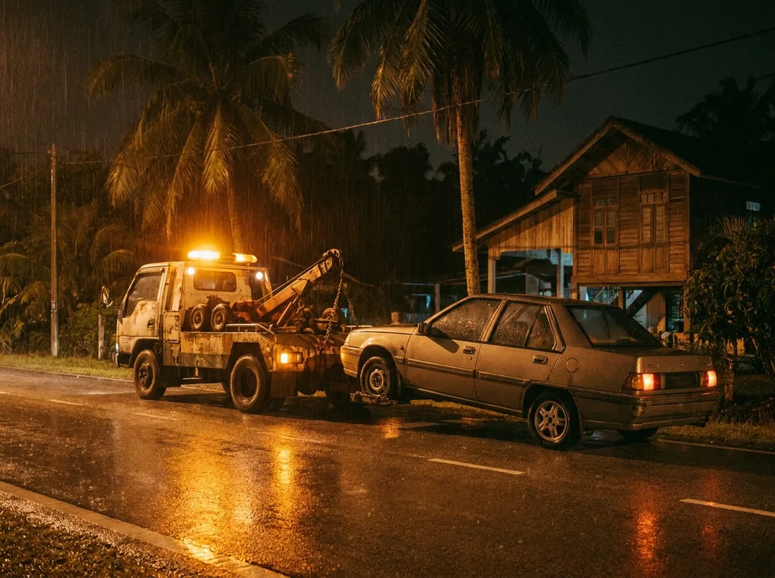 Ilustrasi lori tunda servis tarik menyelamat kereta tersadai waktu malam di kampung Kelantan